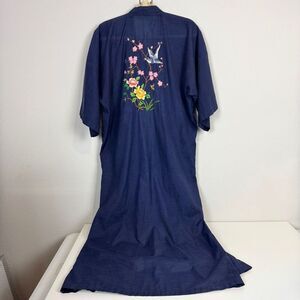 Vintage Chinese Blue Kimono Robe Floral Bird Embroidery 70s